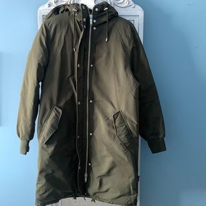 Womens Small, Winter Jacket. Frank and Oak. Olive green, long Knee length.